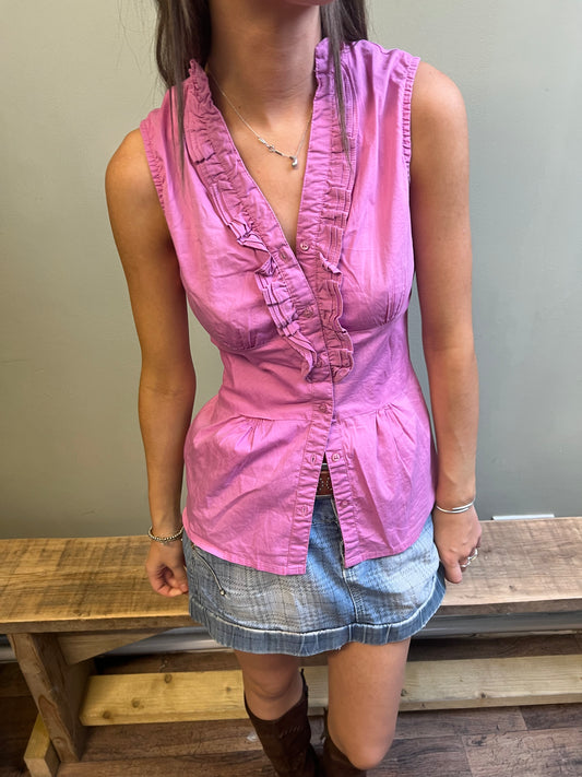 vintage 00s pink ruffle sleeveless blouse