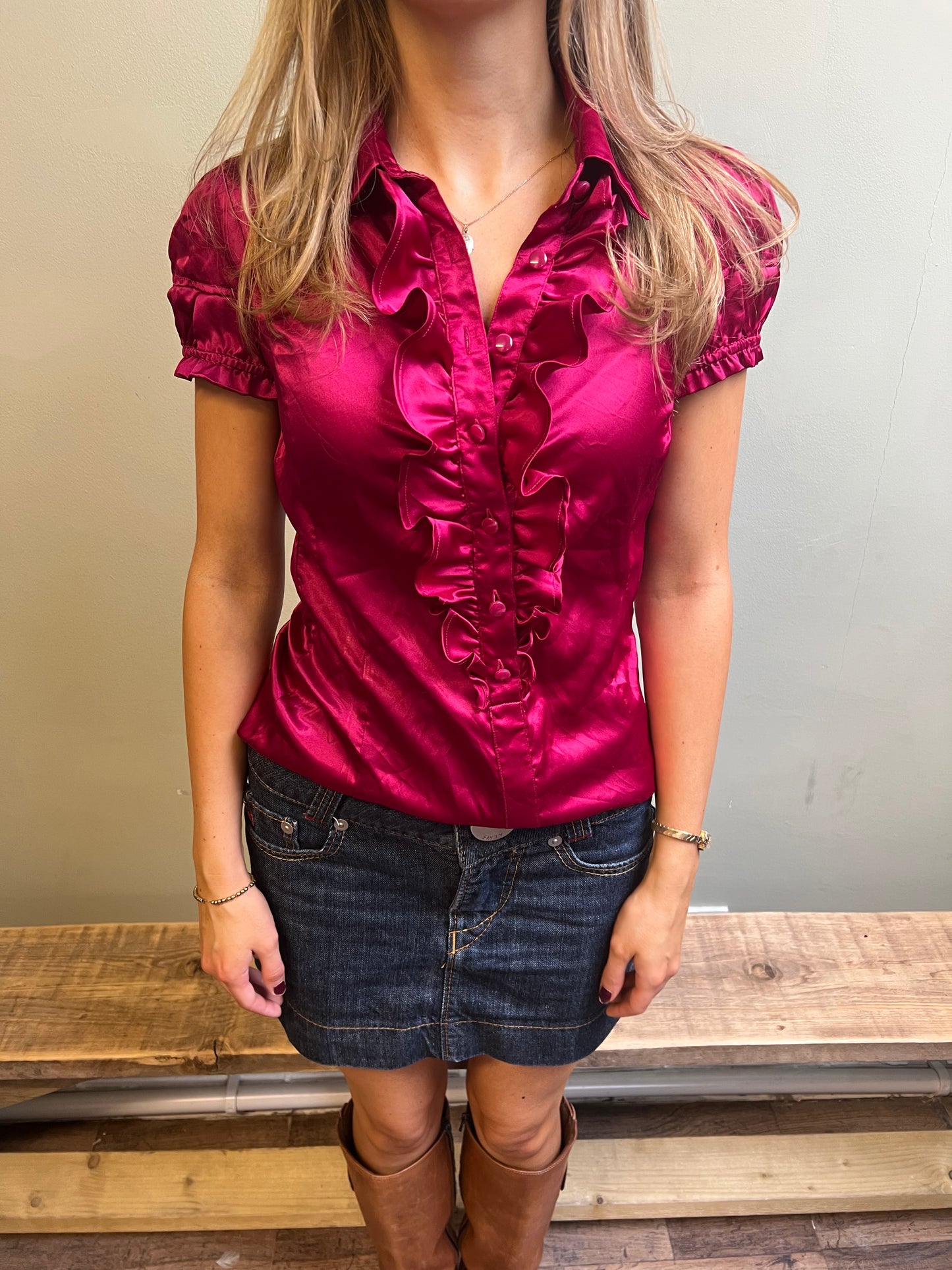 fuchsia ruffle button up blouse
