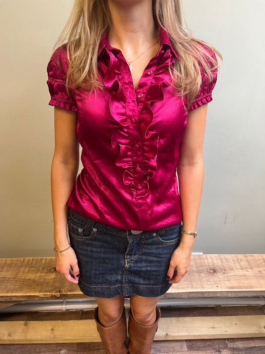 fuchsia ruffle button up blouse