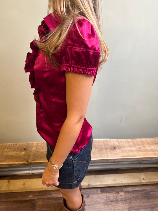 fuchsia ruffle button up blouse