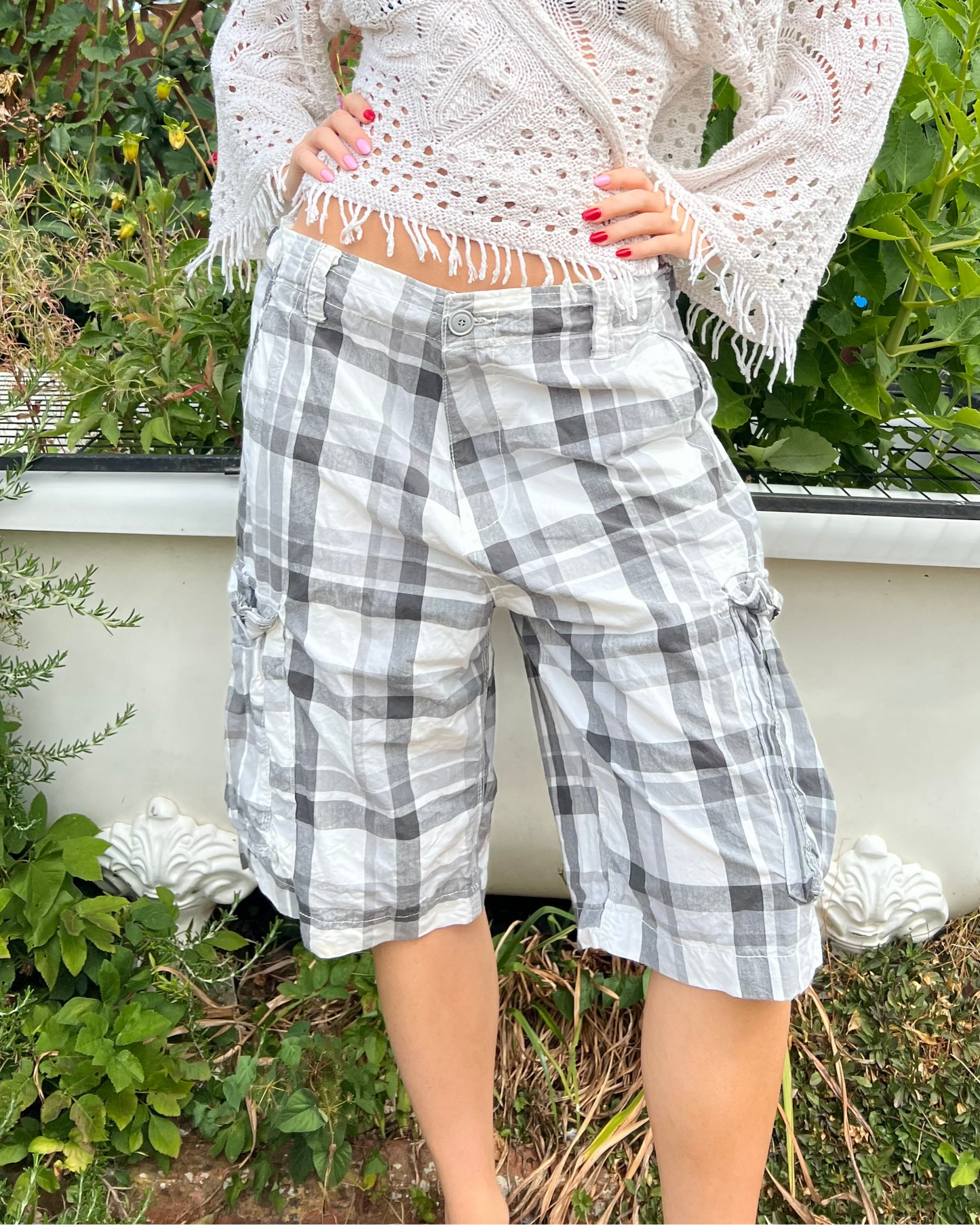 Oversized grey and white plaid cargo shorts