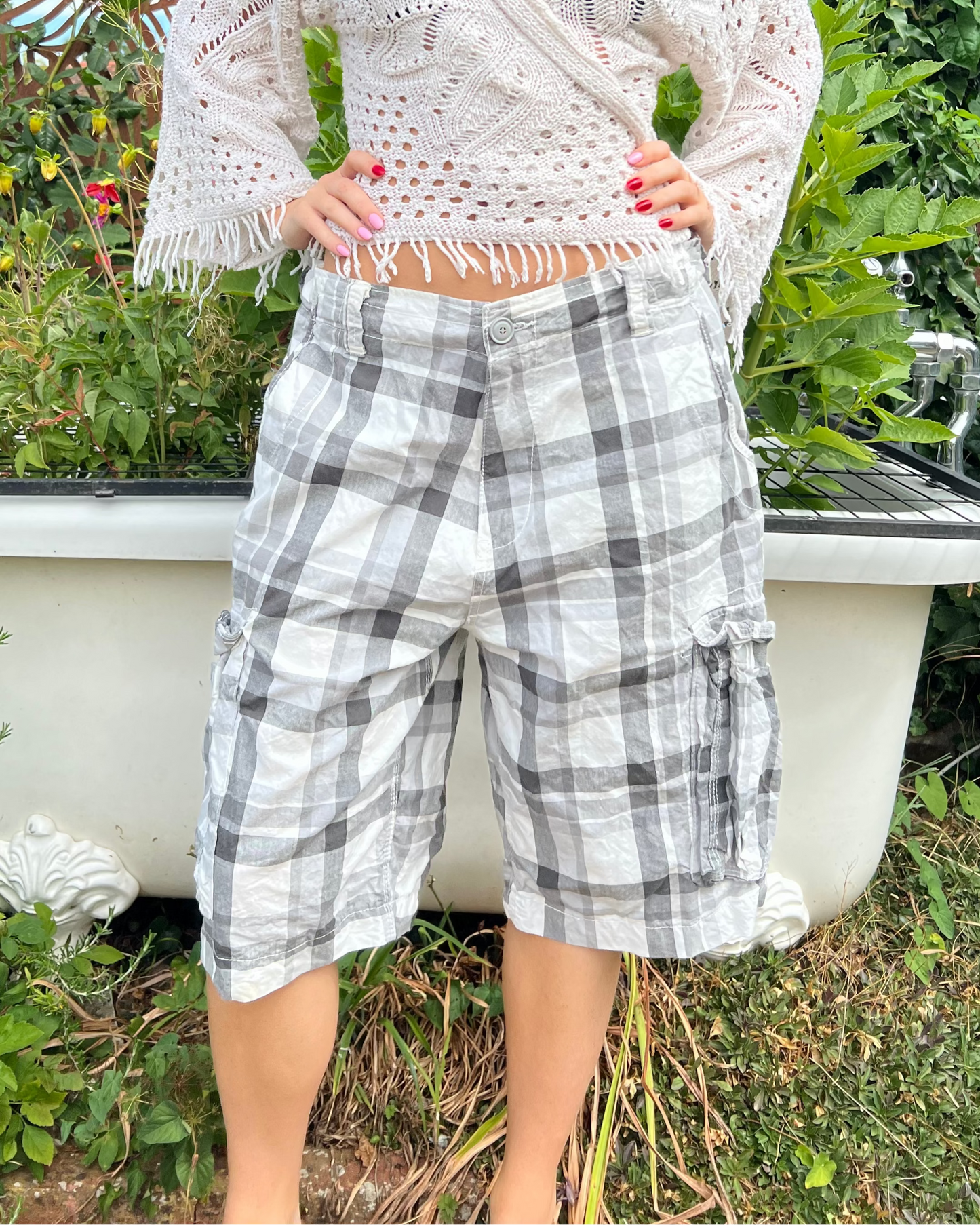 Oversized grey and white plaid cargo shorts