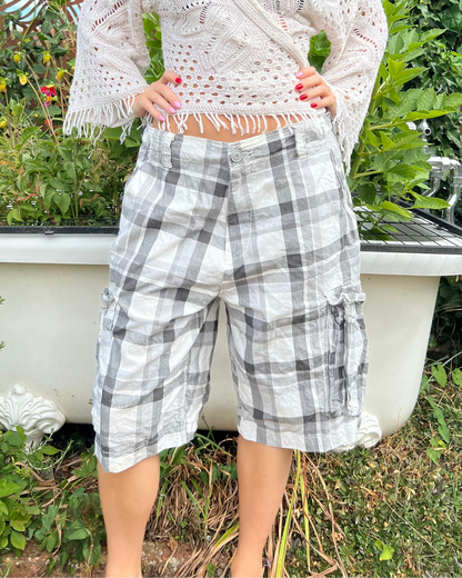 Oversized grey and white plaid cargo shorts