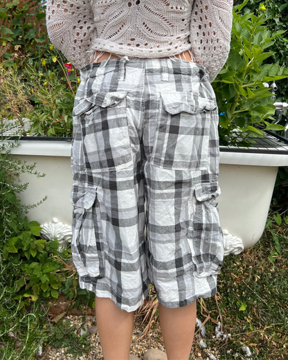 Oversized grey and white plaid cargo shorts