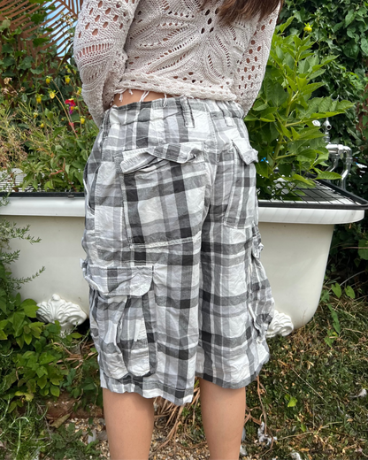 Oversized grey and white plaid cargo shorts
