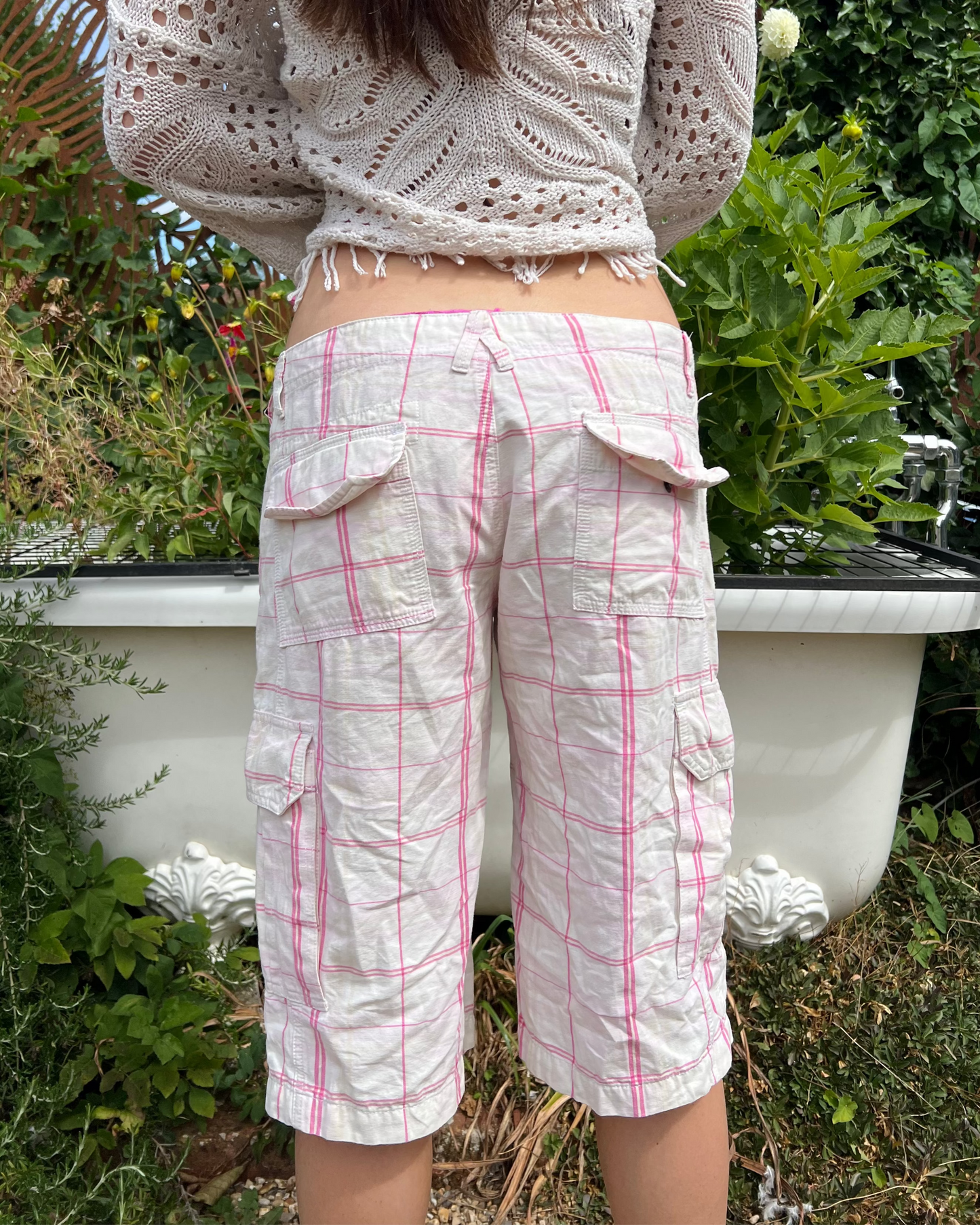 Pink plaid cargo shorts