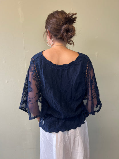 boho lace blue top