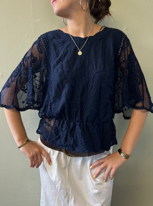 boho lace blue top