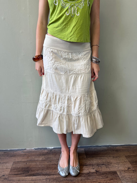 vintage cream floral tiered midi skirt