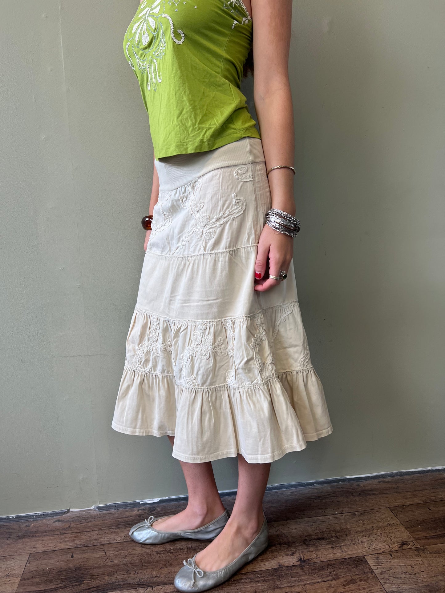 vintage cream floral tiered midi skirt