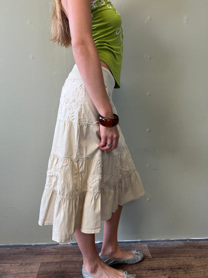 vintage cream floral tiered midi skirt