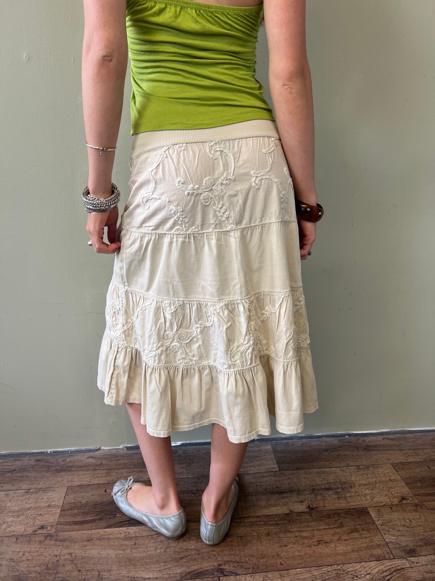 vintage cream floral tiered midi skirt