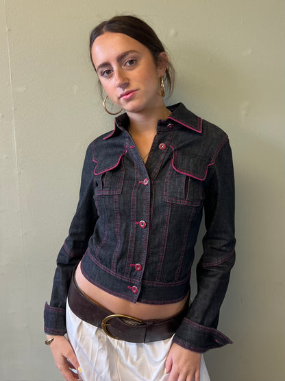 vintage 00s pink trim denim jacket