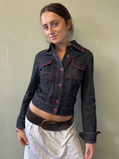 vintage 00s pink trim denim jacket