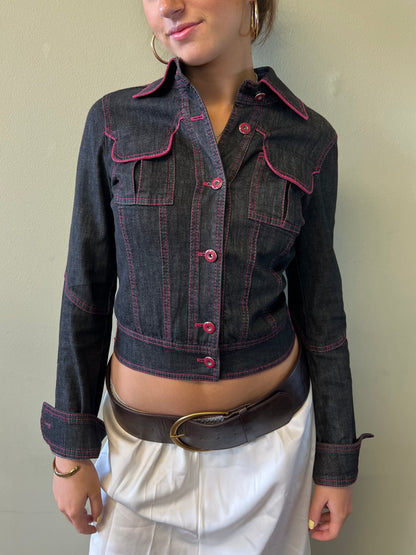 vintage 00s pink trim denim jacket