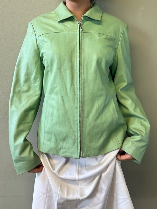 vintage 00s green zip up leather jacket