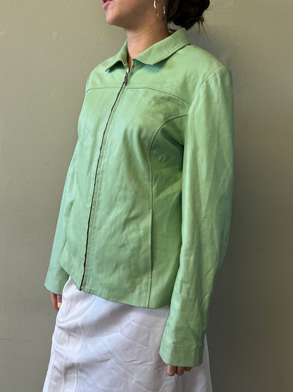vintage 00s green zip up leather jacket