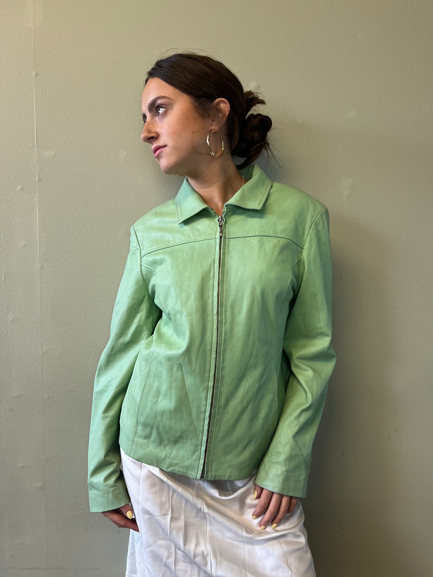vintage 00s green zip up leather jacket