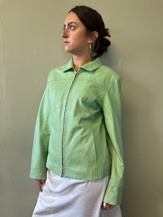 vintage 00s green zip up leather jacket