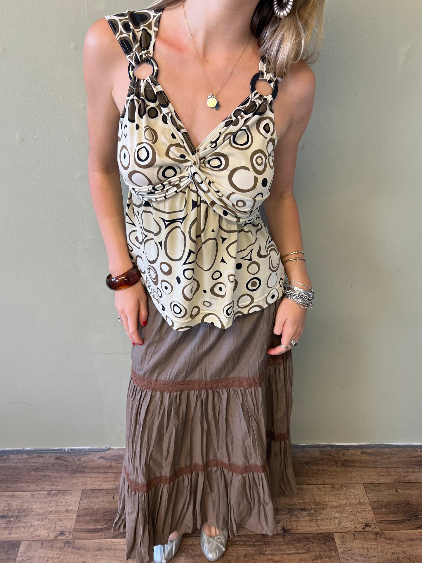 brown lace trim maxi skirt