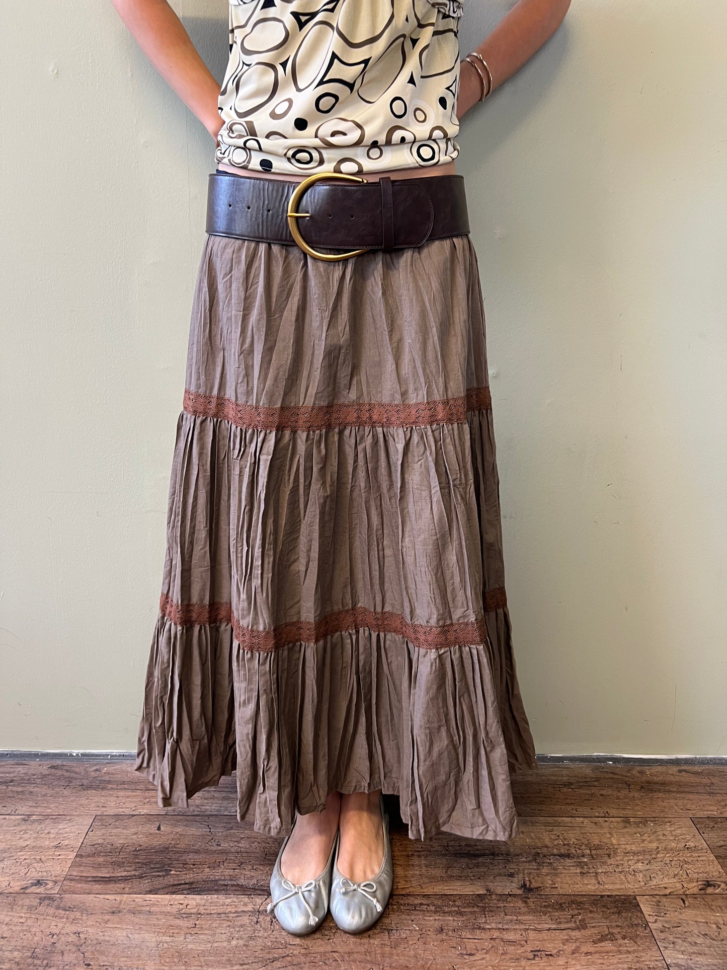 brown lace trim maxi skirt