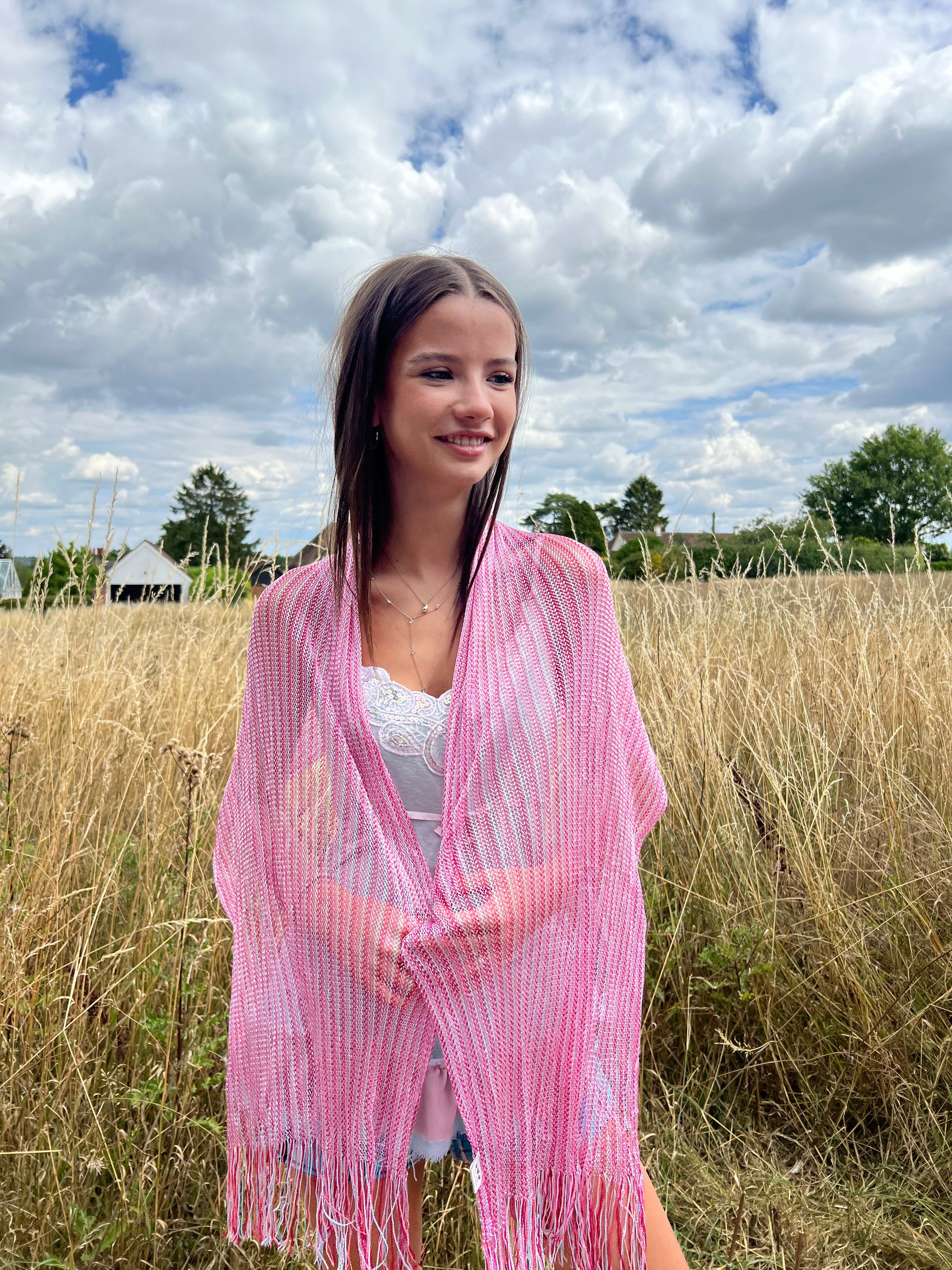 Pink tassel scarf
