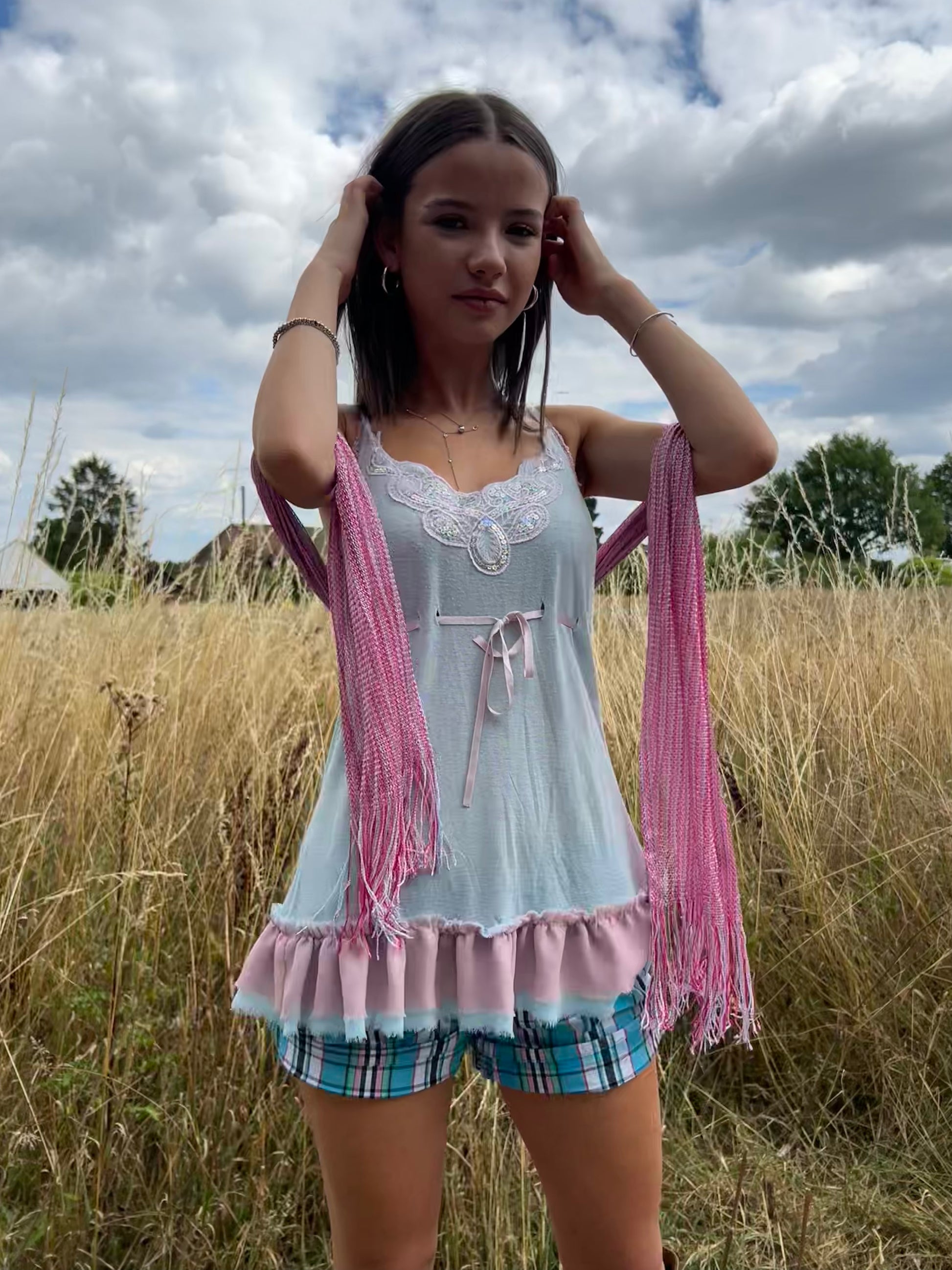 Pink tassel scarf