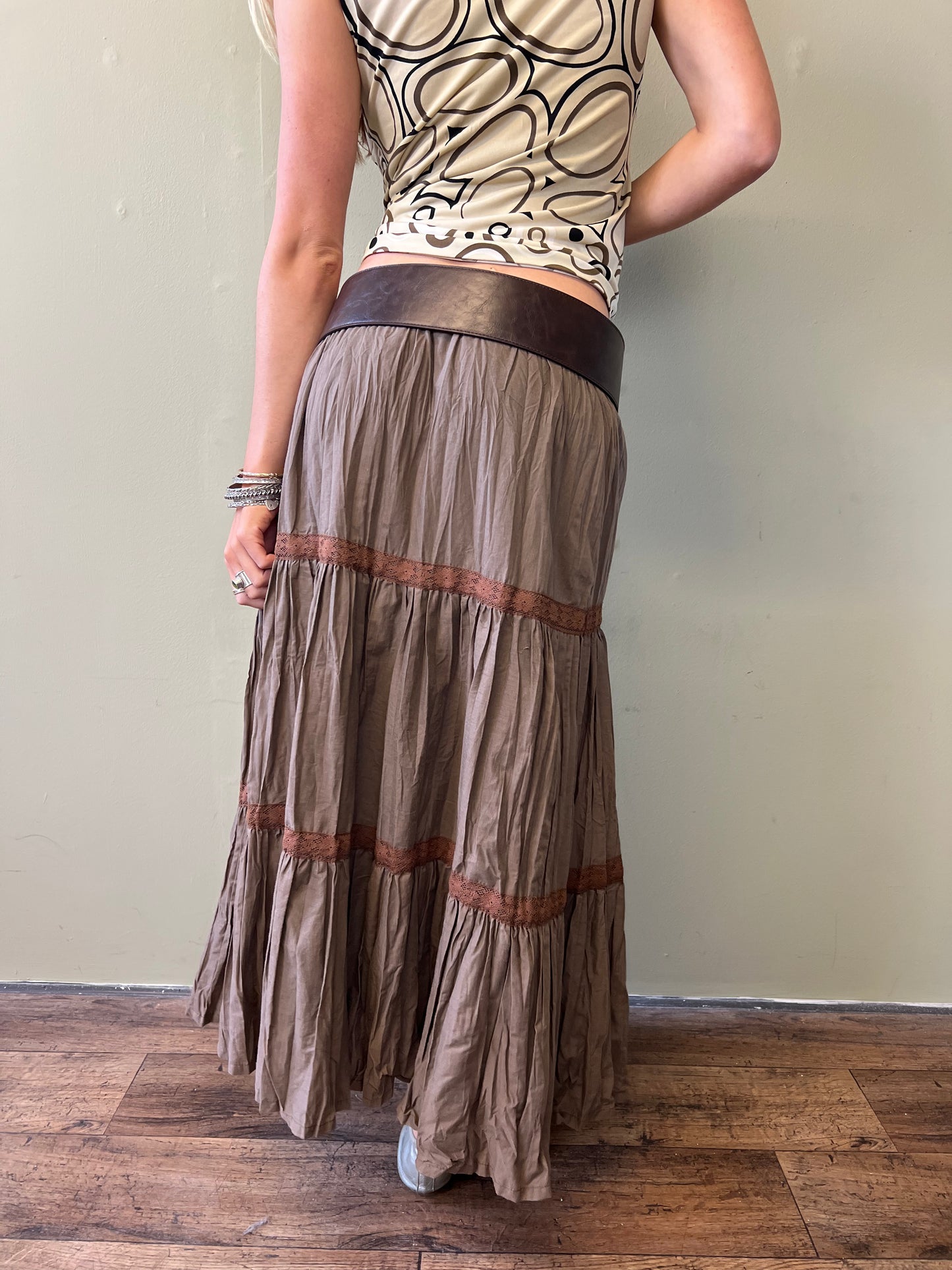 brown lace trim maxi skirt