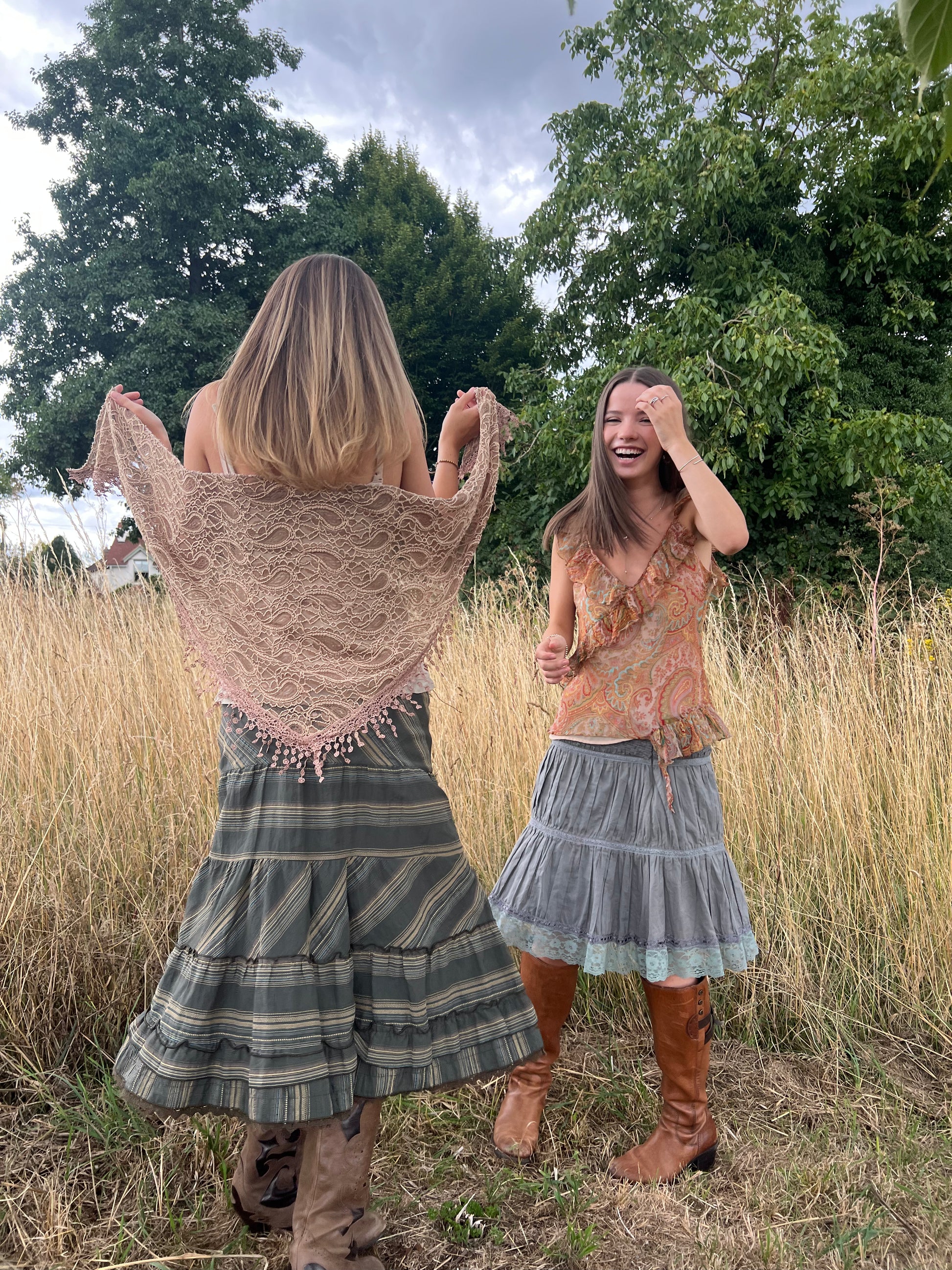 Boho green striped tiered skirt