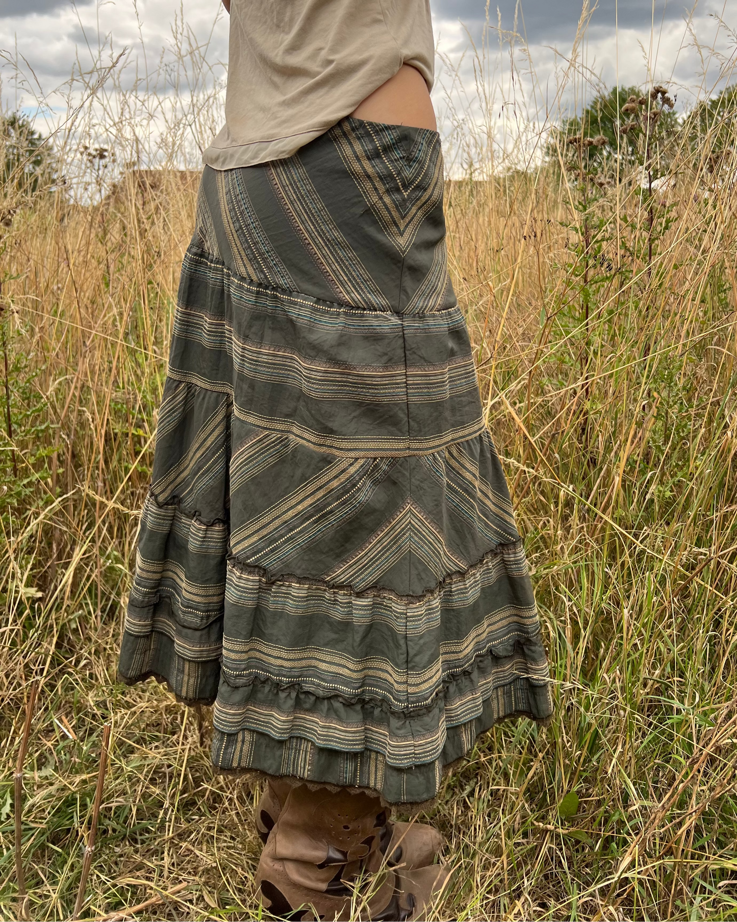 Boho green striped tiered skirt