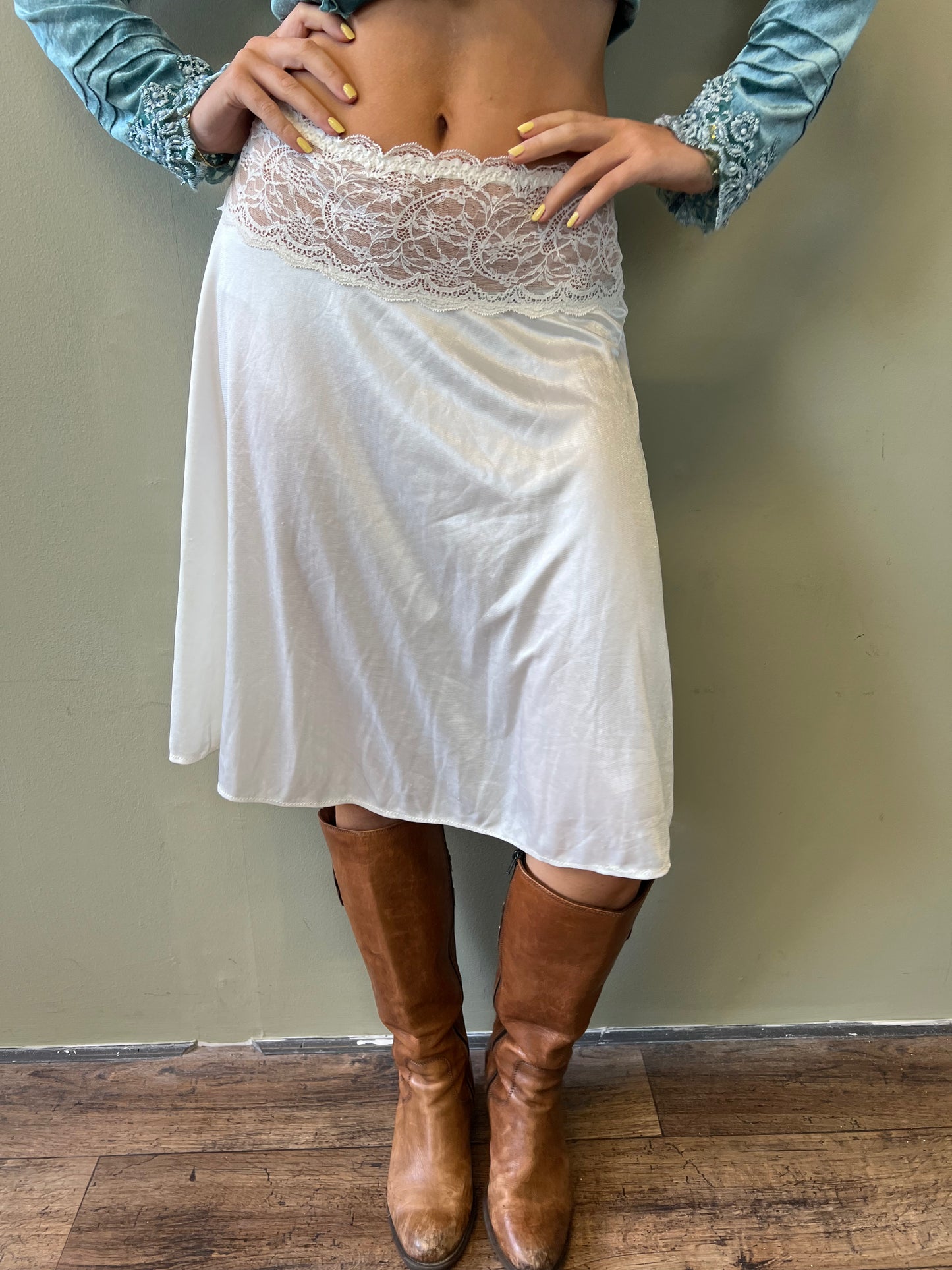 white lace midi slip skirt