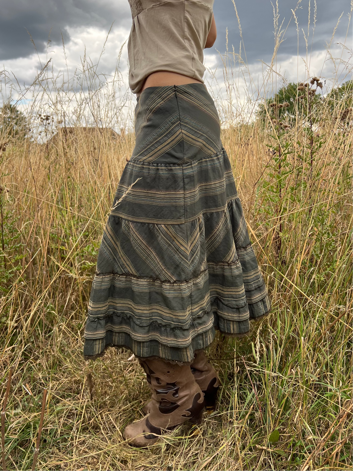 Boho green striped tiered skirt