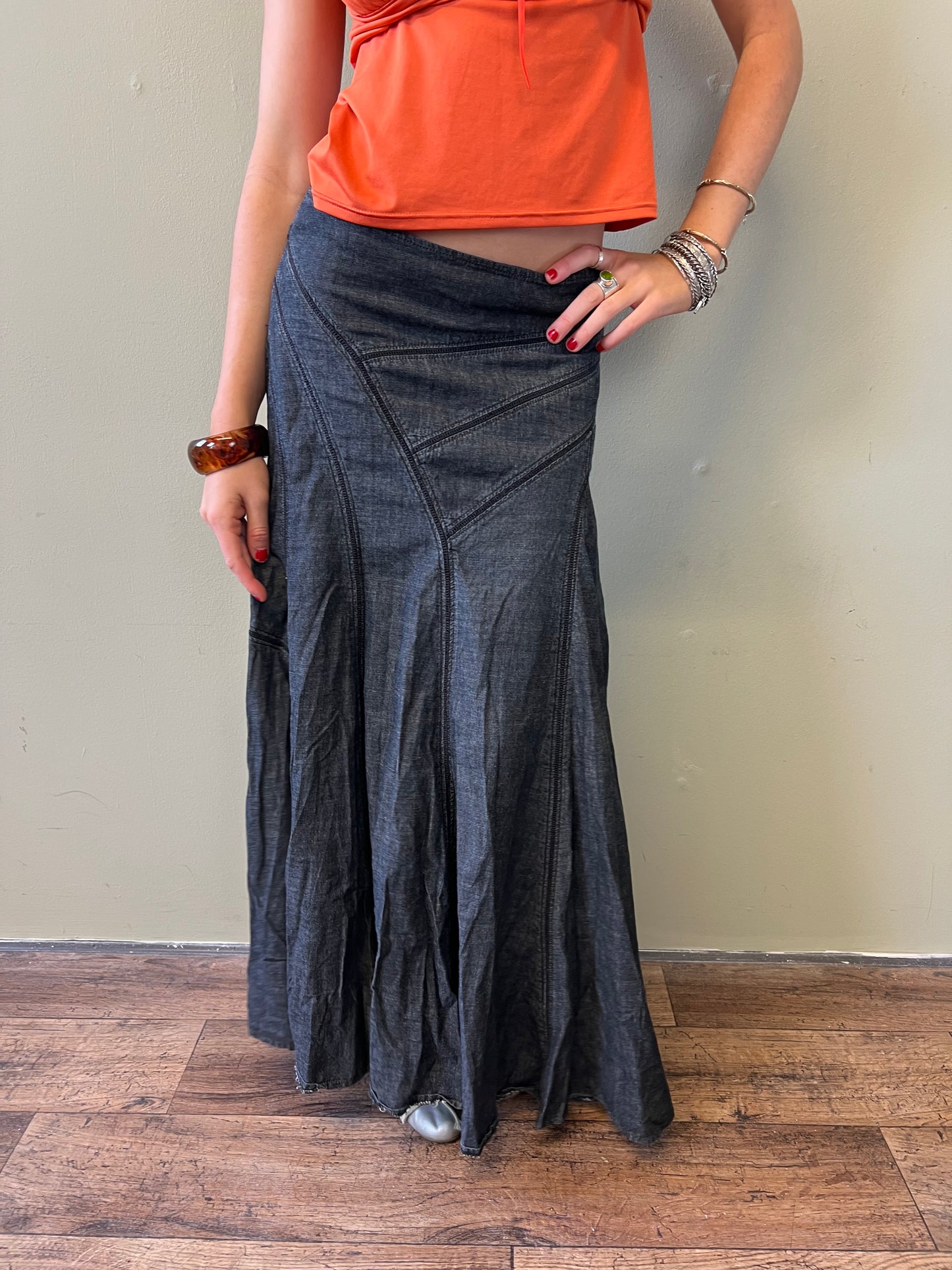 dark denim maxi skirt