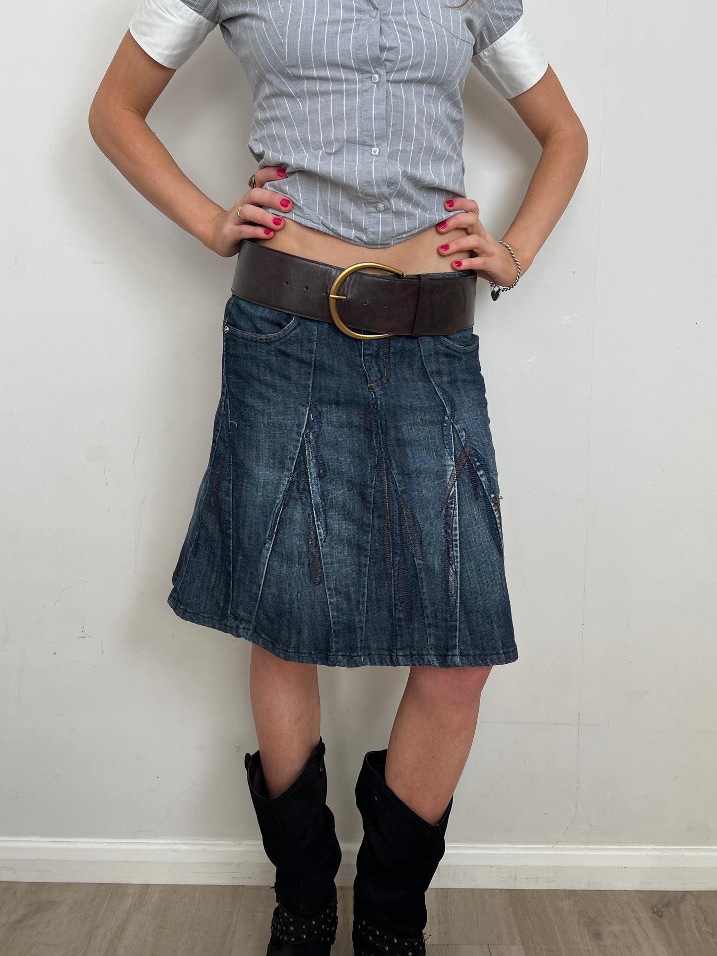 dark denim midi skirt, M