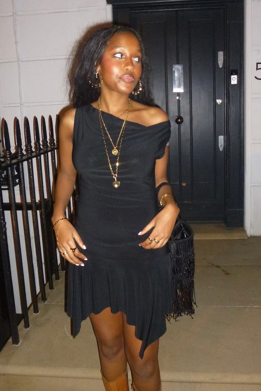 black asymmetrical mini dress