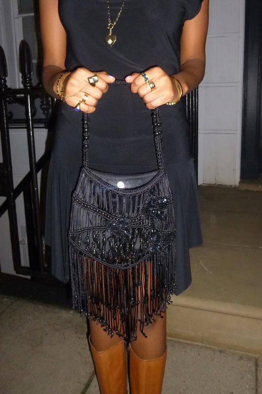 'oasis' black tassel evening bag