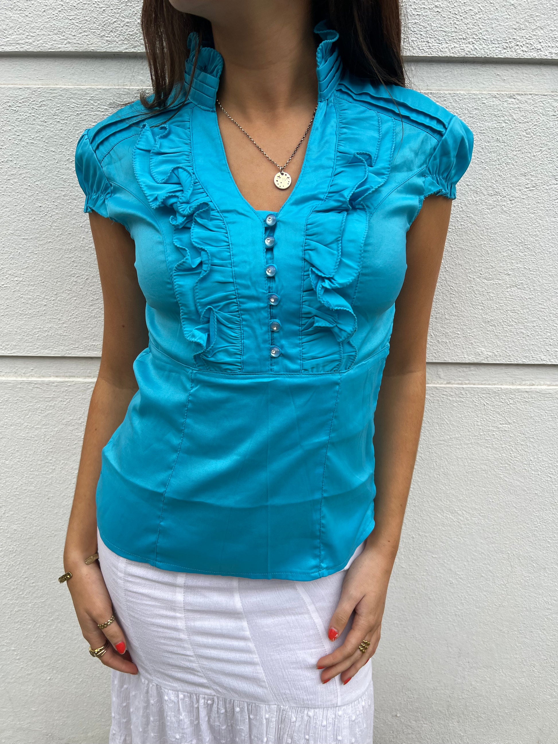 blue ruffle blouse 