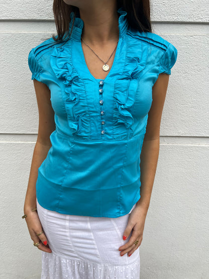 blue ruffle blouse 