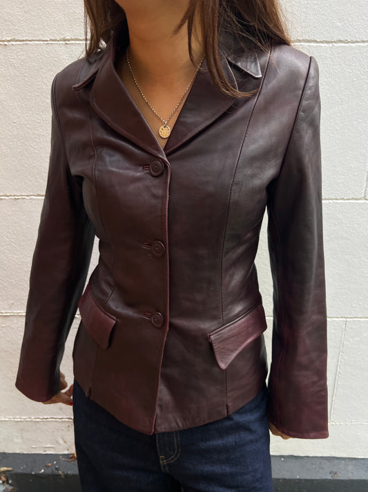 button up vintage burgundy leather jacket 