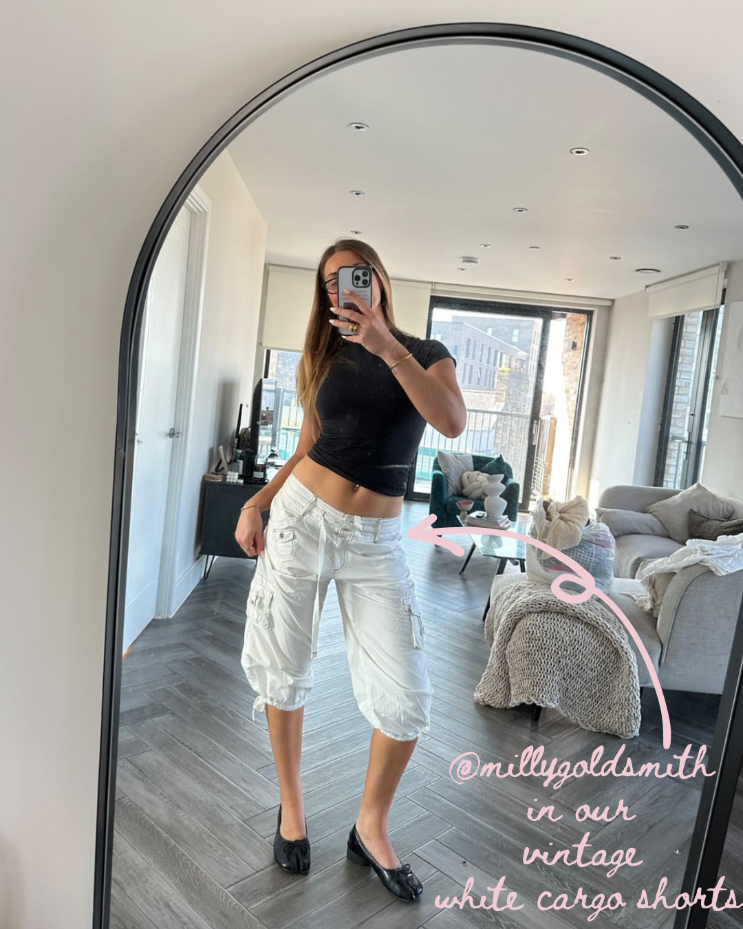 millygoldsmith in tamavintage white cargo shorts 