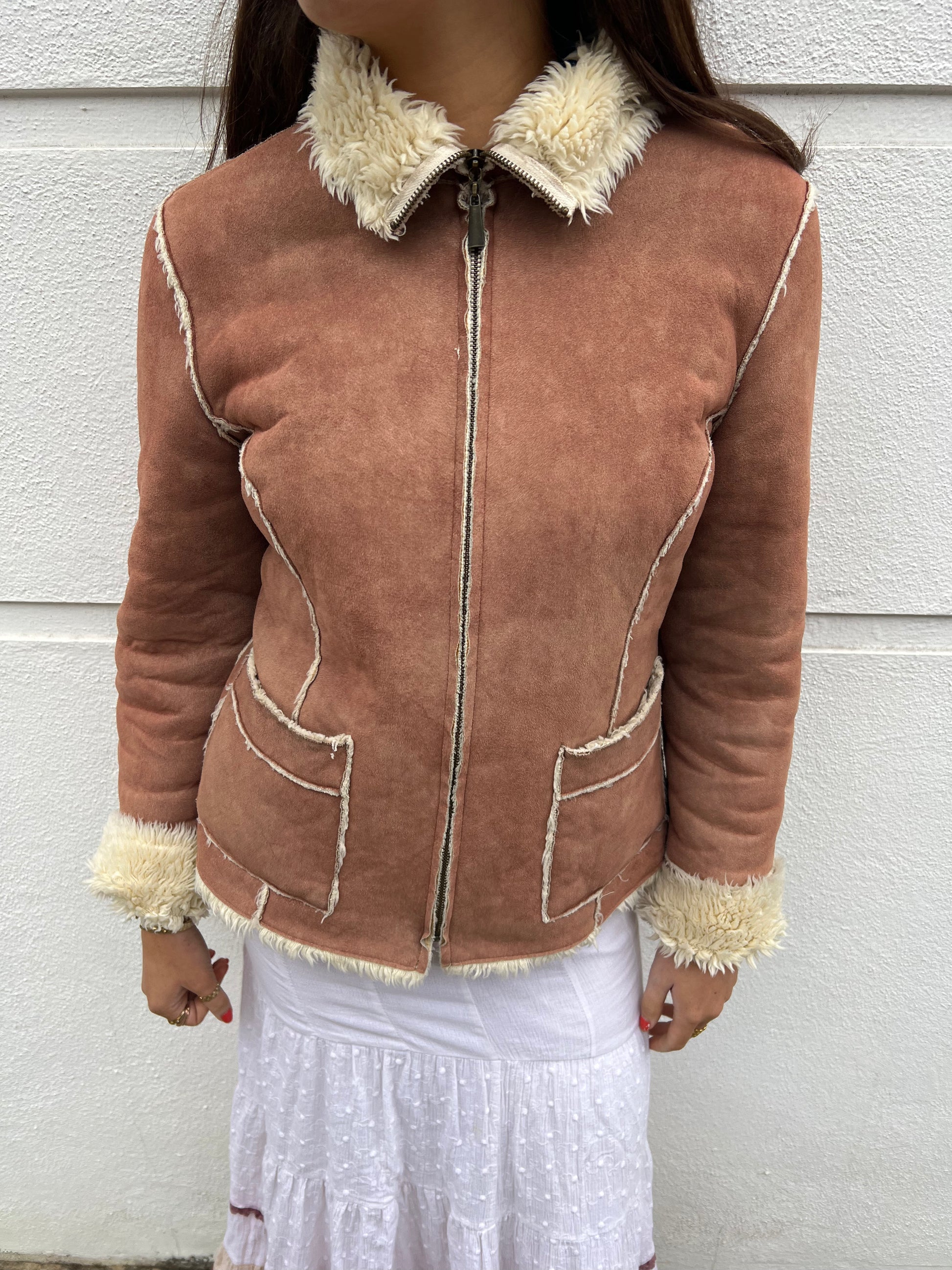 suede zip up jacket faux fur lined 