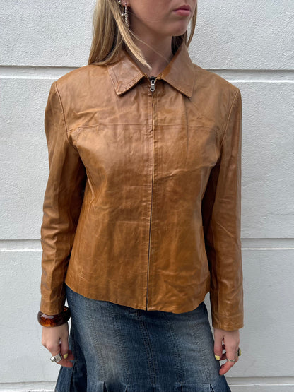 tan zip up leather jacket 
