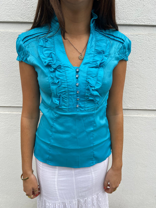 vintage 00s blue short sleeve blouse